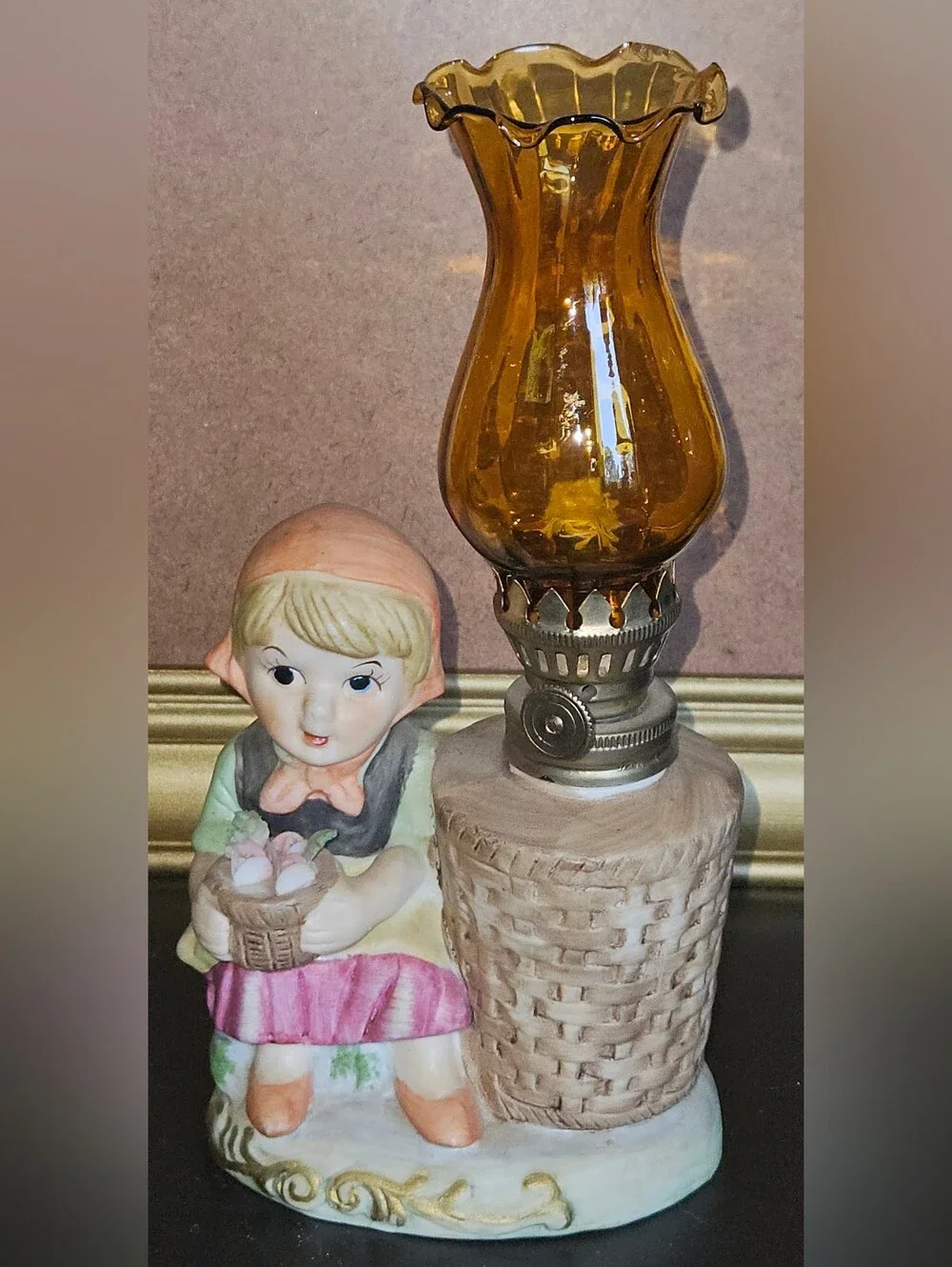 Vintage Bisque Porcelain Peasant Girl w/ Decorated Cake Oil Lamp Figurine LeMeur